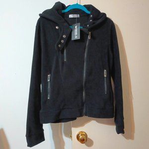 NWT~ DOUBLJU Black High Neck Fleece Full Zip Up Soft Hoodie Jacket (Size: 1X)